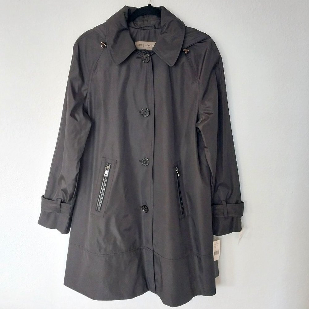 Marc New York Andrew Marc Y2K Black Swing/A-Line Style Hooded Trench Coat NWT